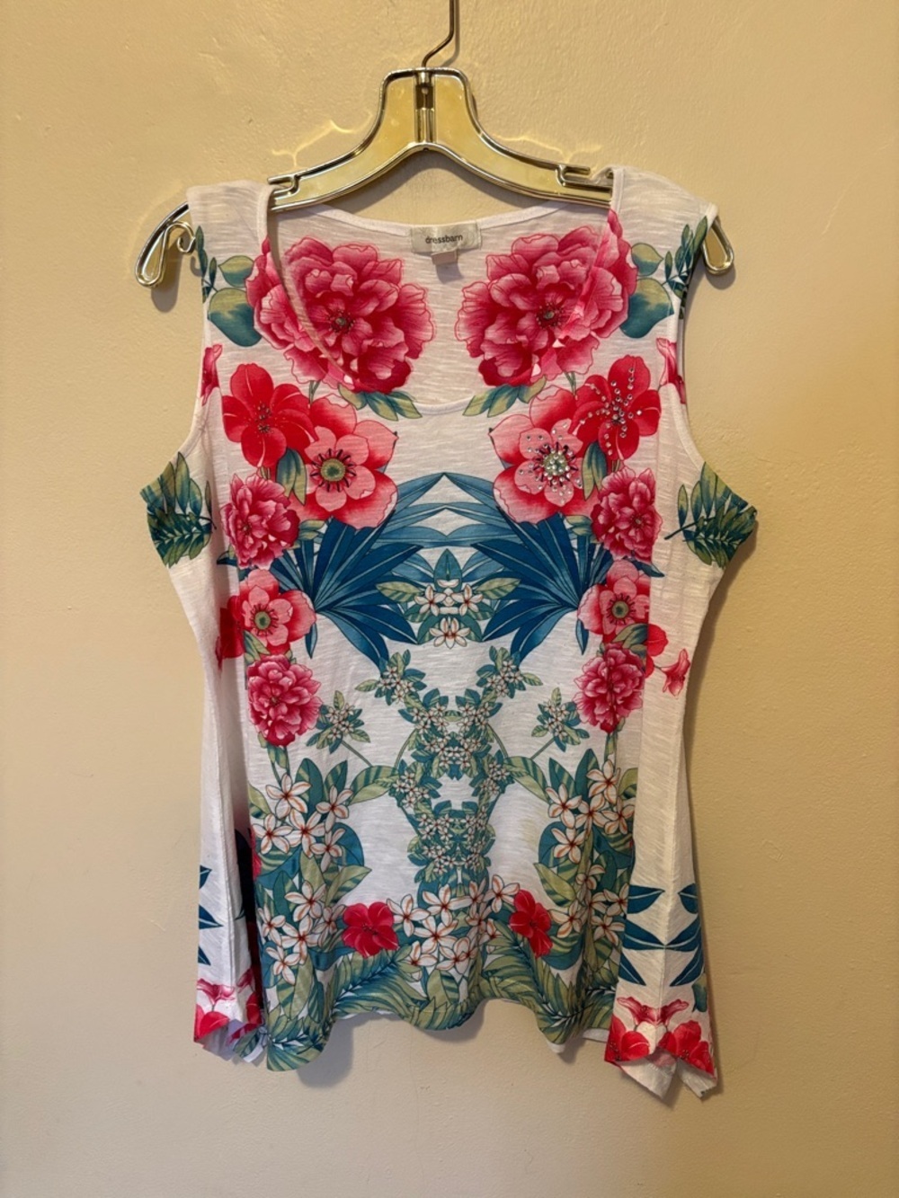 dressbarn White Sleeveless Floral Tank with Pink & Teal Print